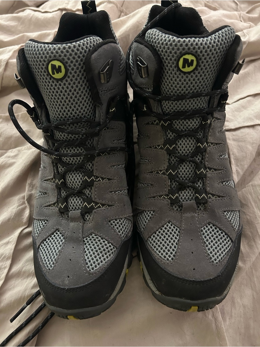 Merrell Gray and Black Men's Trail Hiking Boots with Yellow Accents